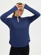 Women's navy blue UPF 50+ quarter-zip active tee with thumbholes from Adventure-Ready Set. #color_Estate Blue