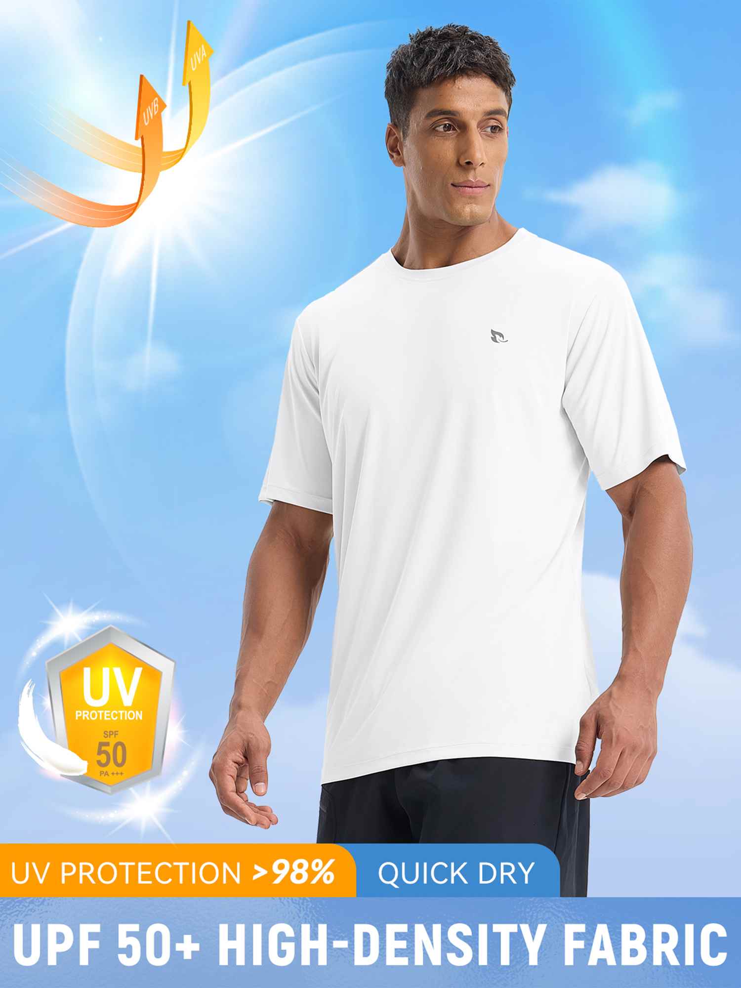 Men's white short-sleeve t-shirt with UPF 50+ UV protection, quick dry fabric. #color_White