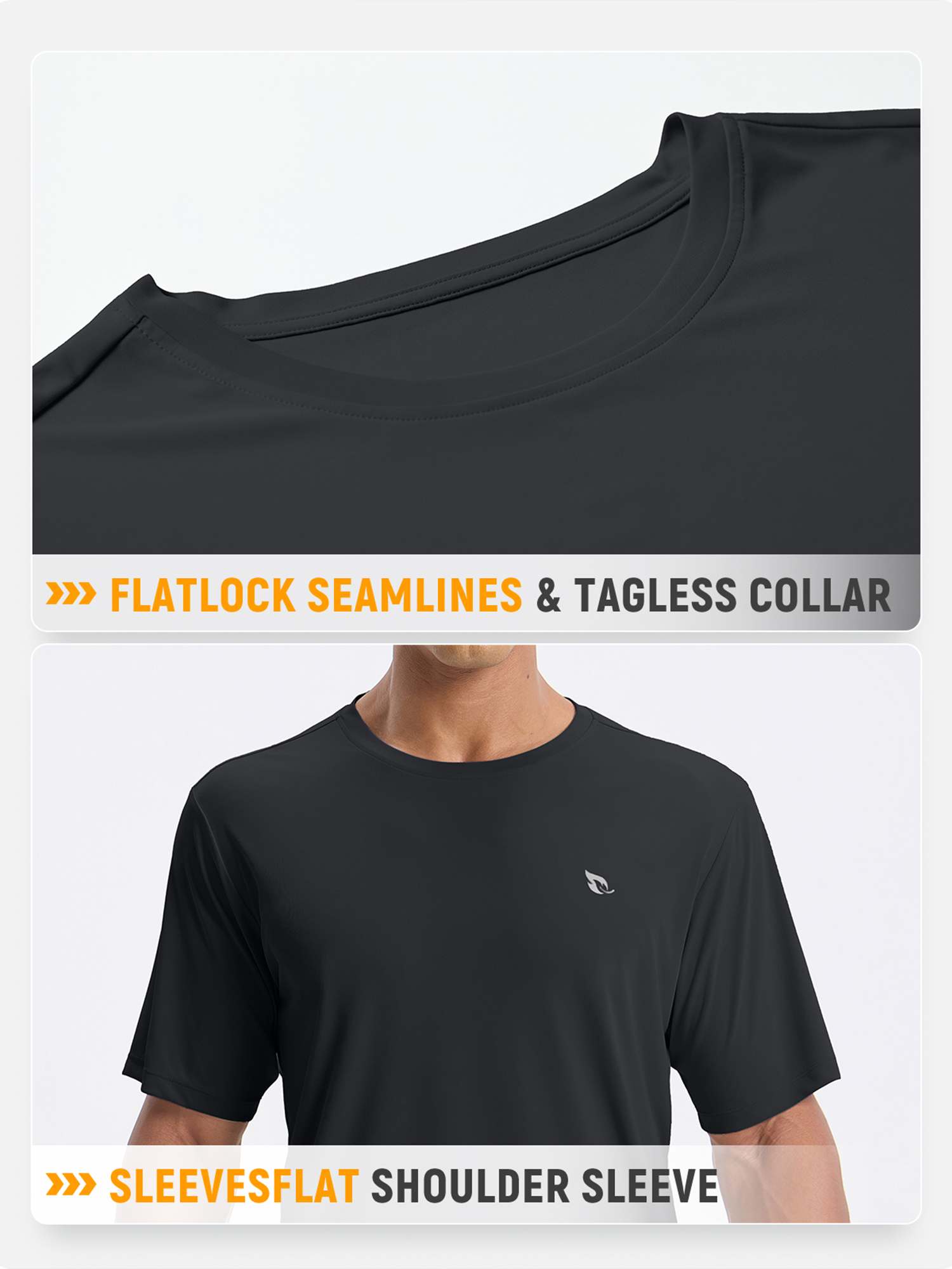 Men's black short sleeve crew neck tee: flatlock seams, tagless collar. UPF 50+ outdoor shirt.