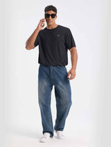 Men's black outdoor short sleeve crew neck t-shirt with loose blue jeans and sunglasses #color_Black