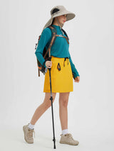 Yellow Women's 16" UPF 50+ Quick-Dry Hiking Cargo Skort with drawstring waist and trekking pole #color_Yellow