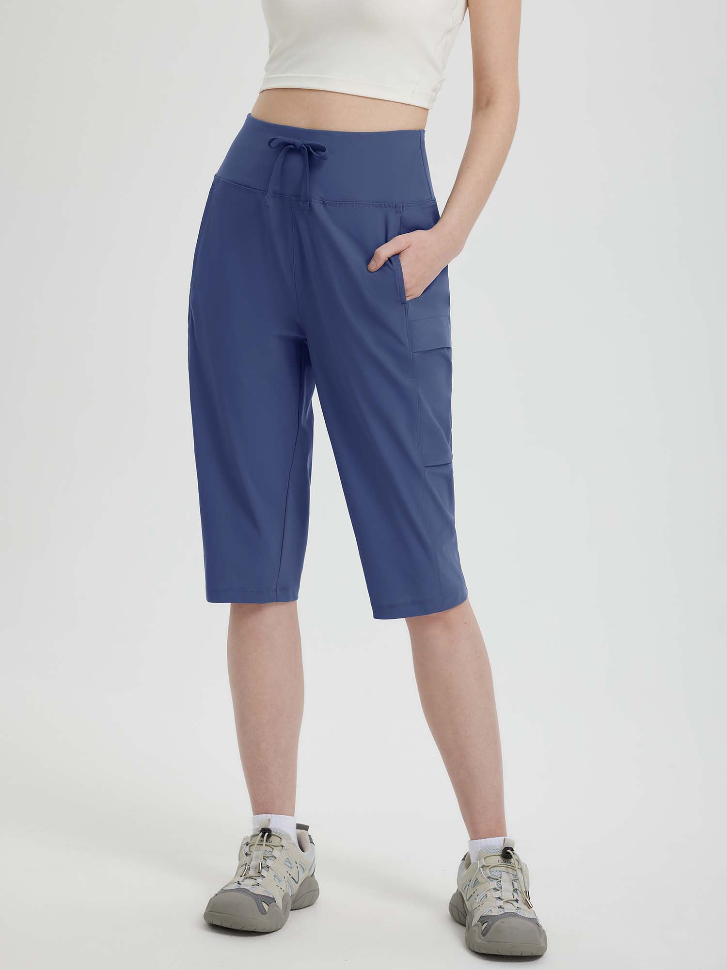 Women's 15" blue hiking shorts with drawstring waist and cargo pockets #color_Navy Blue