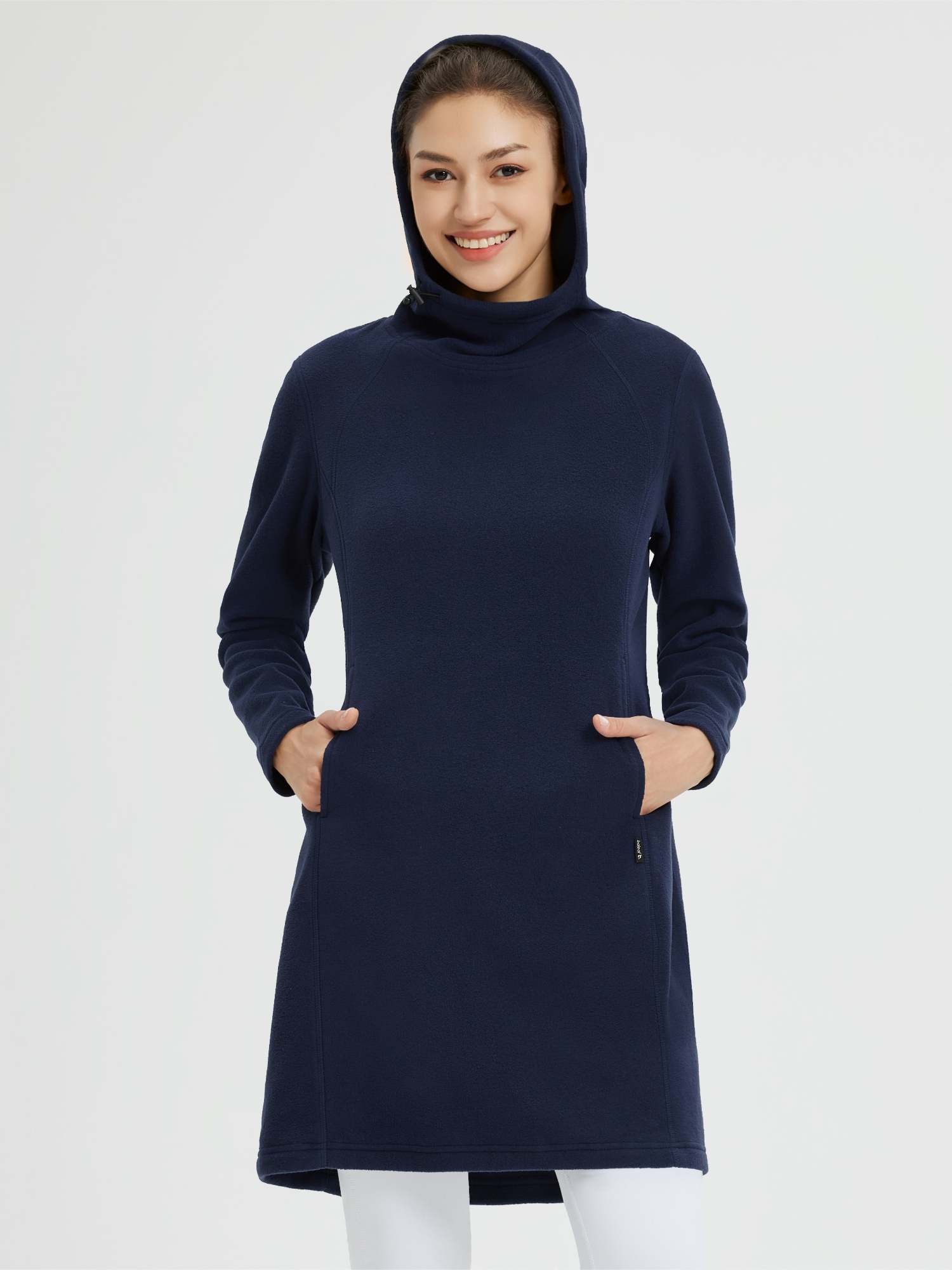 Women's navy blue outdoor fleece hooded dress with drawstring pocket. #color_Navy Blue