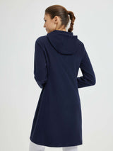 Women's navy hooded knit fleece outdoor dress, back view. #color_Navy Blue