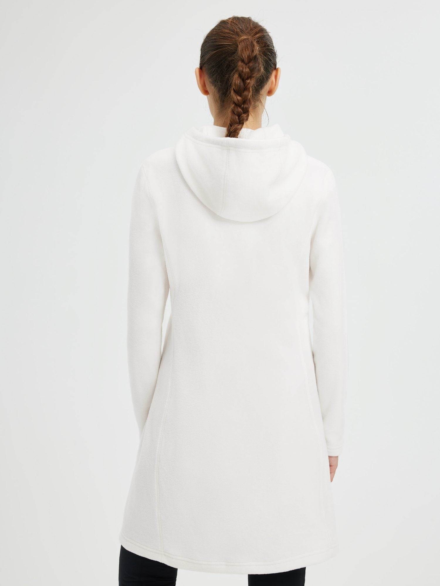 Women's white knit polar fleece hooded dress, back view. #color_White