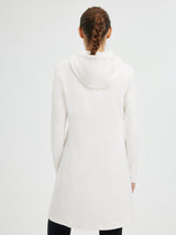 Women's white knit polar fleece hooded dress, back view. #color_White