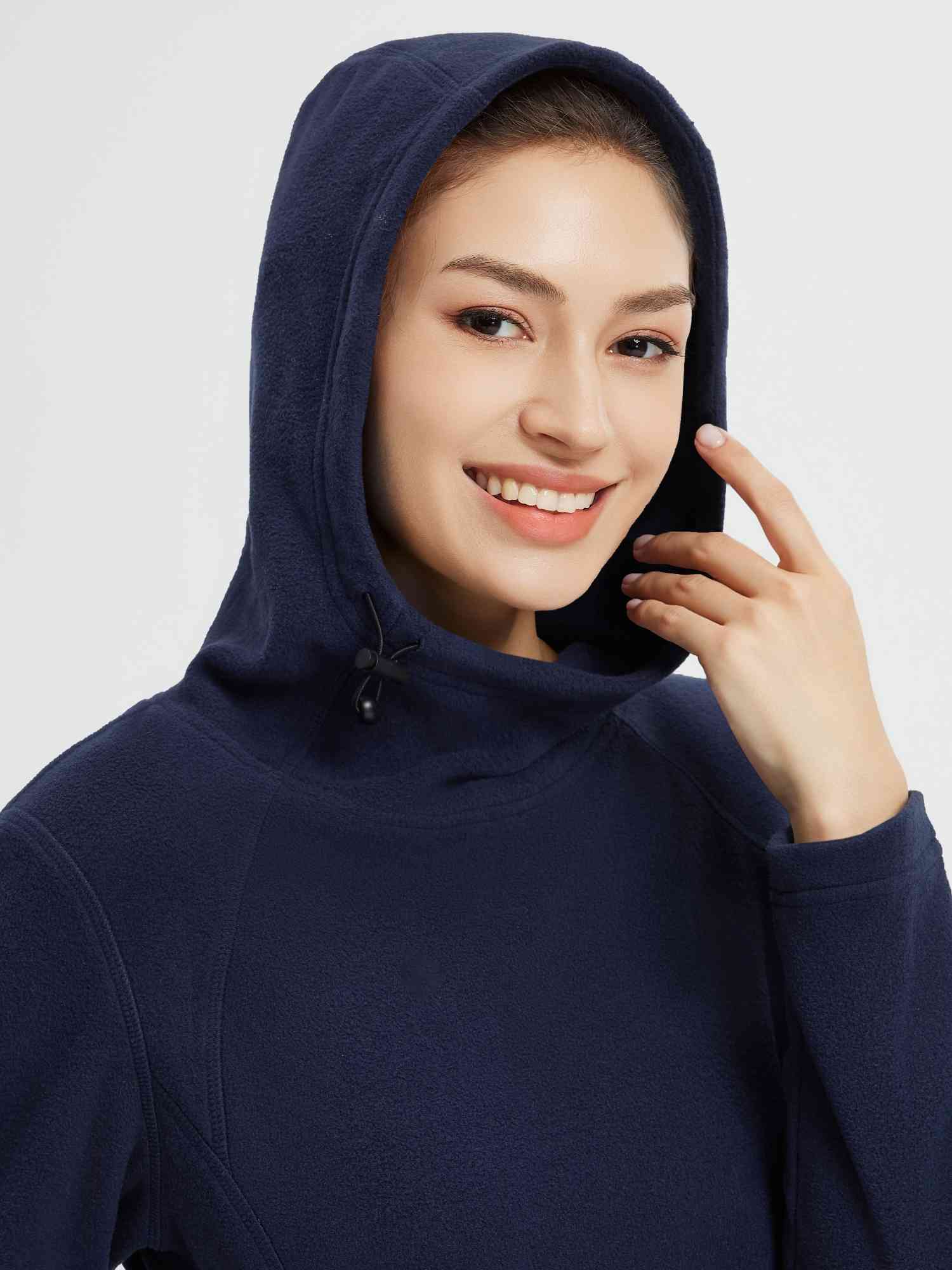 Women's navy blue knit fleece hooded dress with drawstring #color_Navy Blue