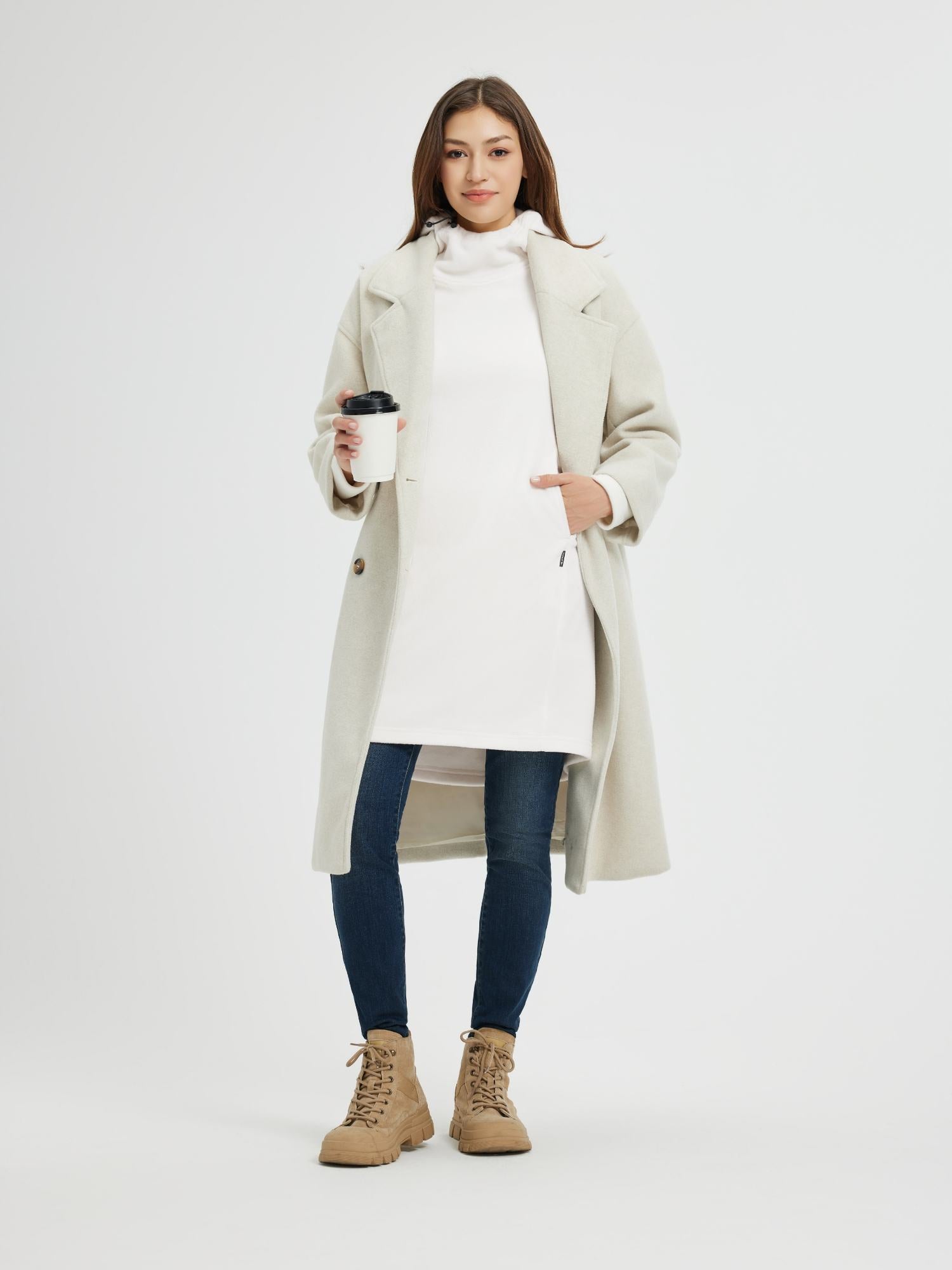 Women's white hooded fleece sweatshirt dress with kangaroo pocket, beige coat. #color_White