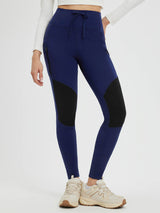 Navy blue knit fleece outdoor pants with black panels, multi-zipper pockets & drawstring. #color_Dark Blue/Black