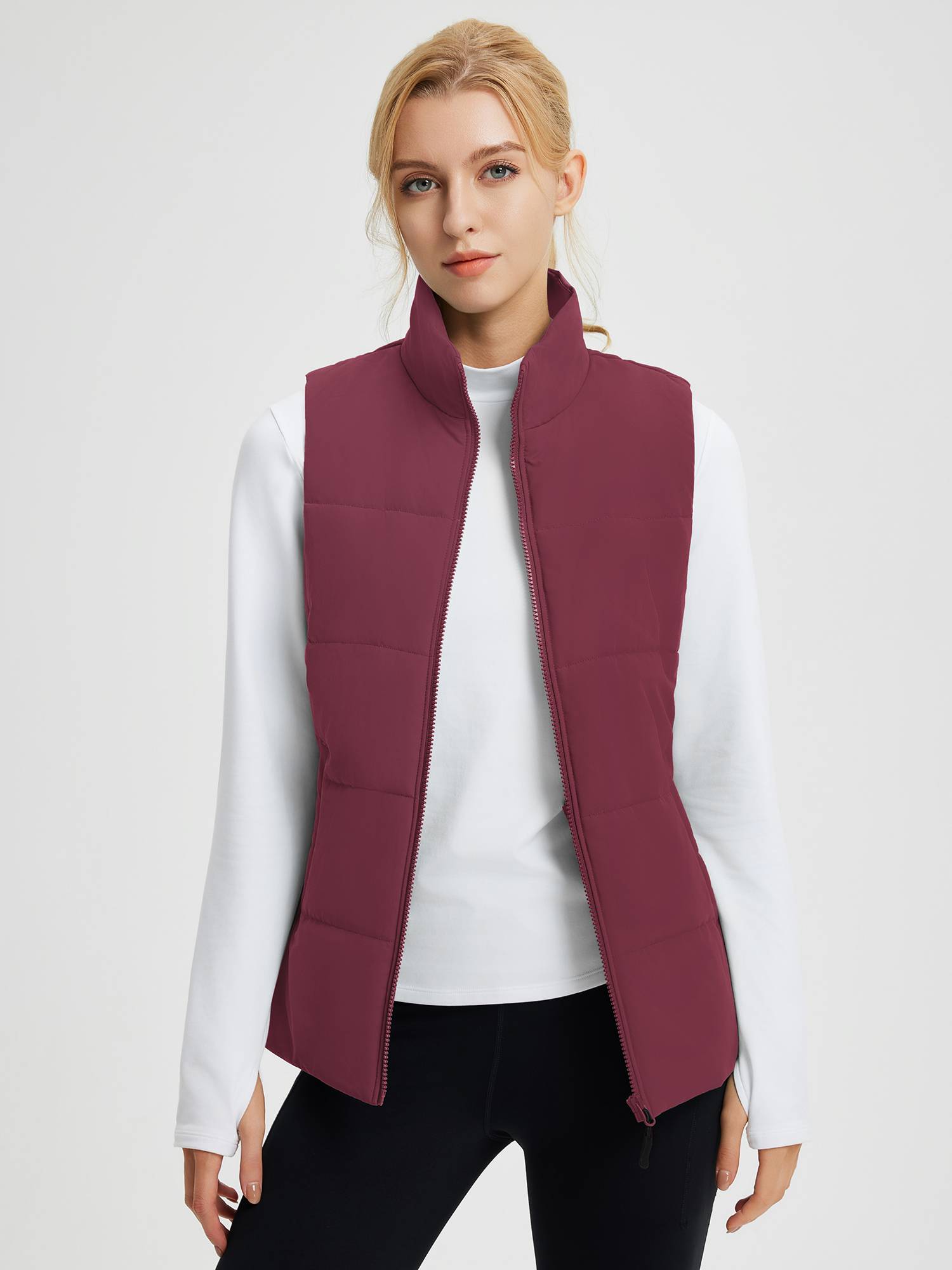 Outdoor quilted Dupont insulated vest in maroon, fleece lined #color_Wine Red