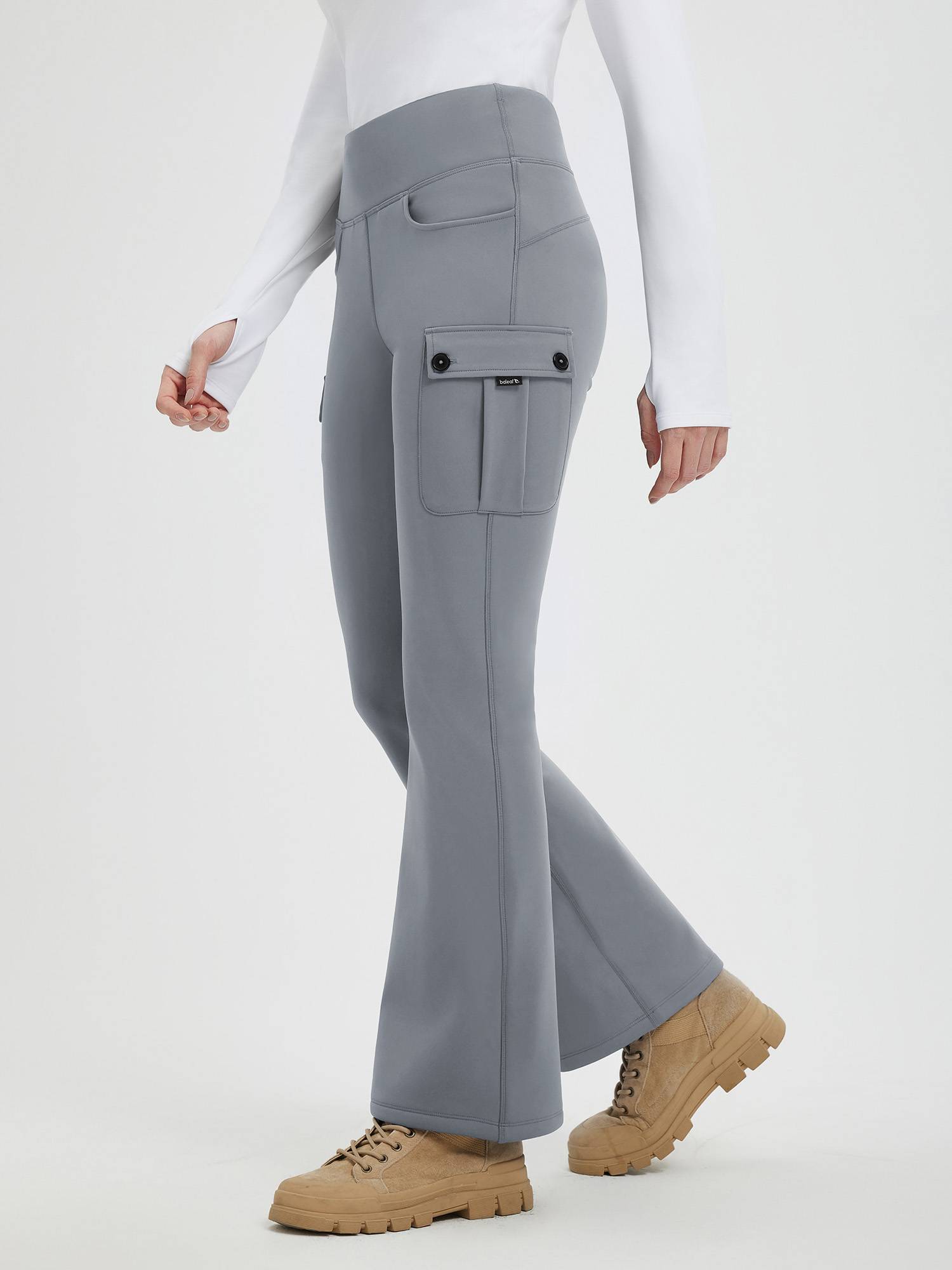 Grey women's thick fleece outdoor workwear flared pants with cargo pockets #color_Dark Gray