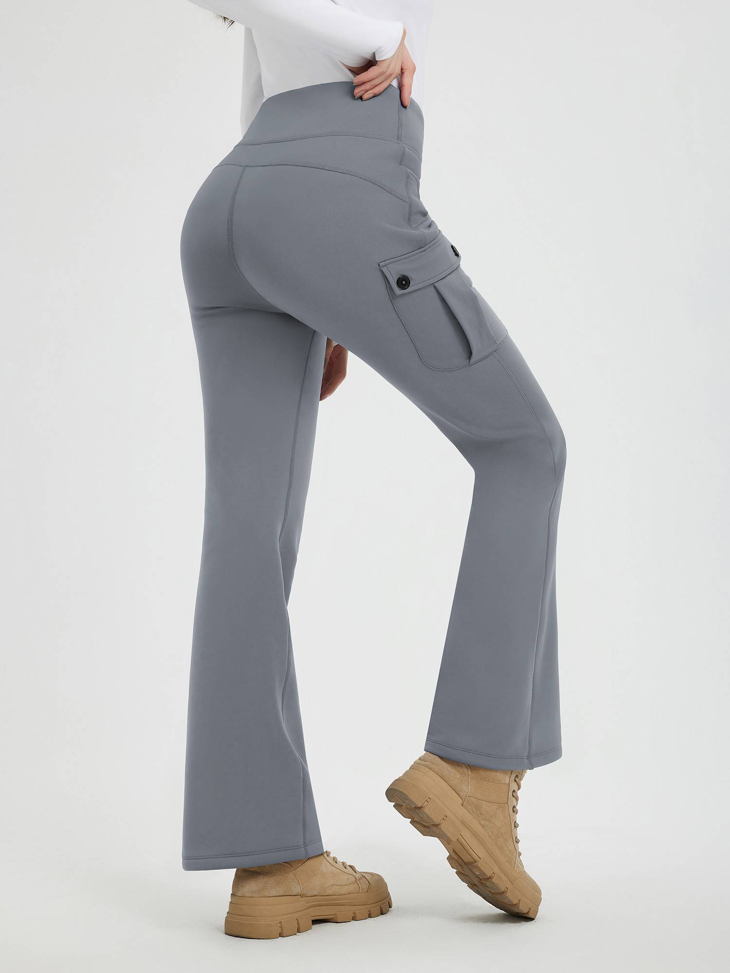 Women's grey fleece-lined bootcut workwear cargo pants. #color_Dark Gray