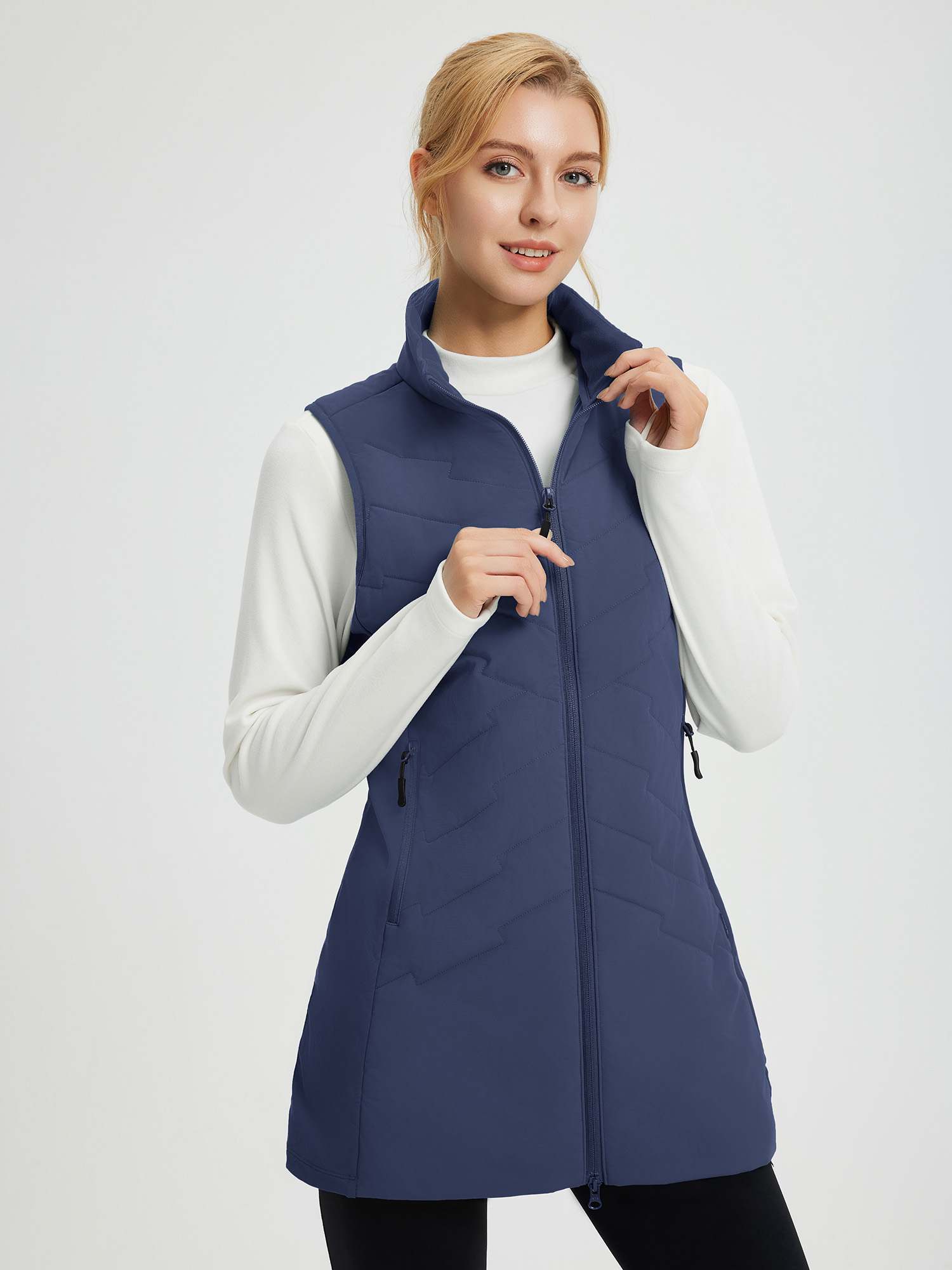 Women's navy blue outdoor mid-length quilted hiking vest #color_Navy Blue
