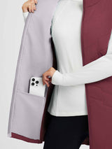 Women's maroon woven hiking vest with interior phone pocket detail. #color_Wine Red