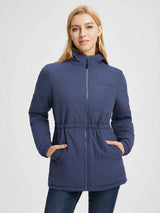 Women's navy cinch waist puffer jacket with full zip and pockets #color_Navy Blue