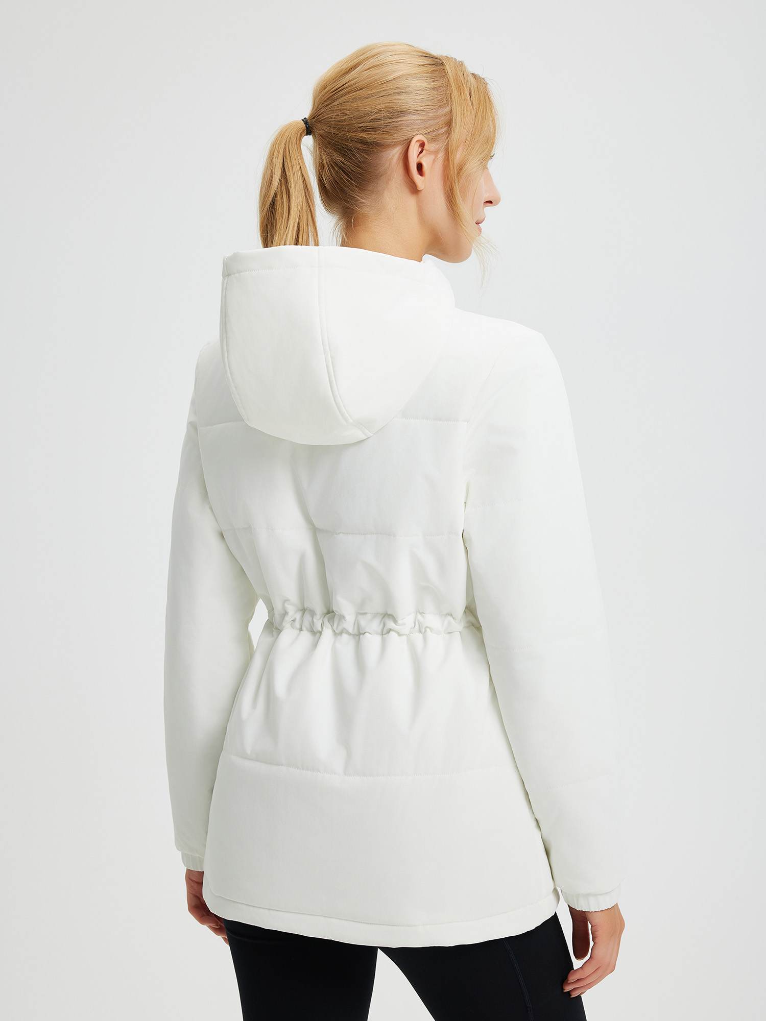 Women's white polyester cinch waist puffer jacket with hood, back view. #color_Star White