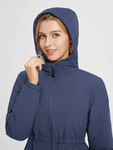 Women's navy water-resistant cinch waist puffer jacket with hood #color_Navy Blue