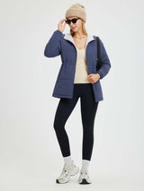 Women's blue cinch waist puffer jacket with adjustable drawstring #NavyBlue