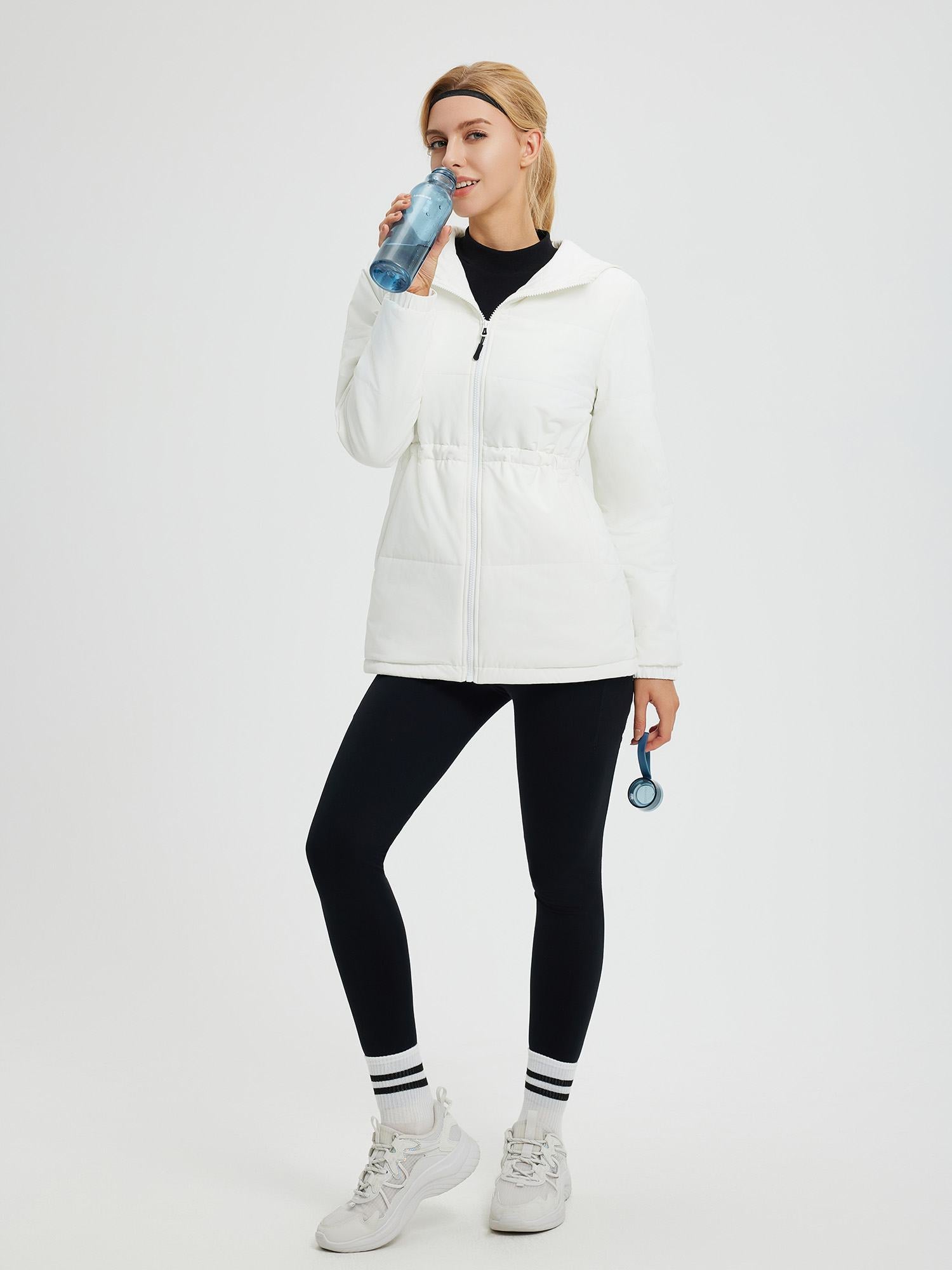 White water-resistant women's cinch waist puffer jacket.