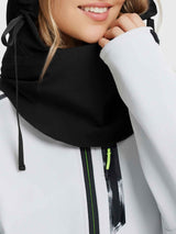 Black fleece ski hat with drawstring detail, worn with waterproof jacket. #color_Black