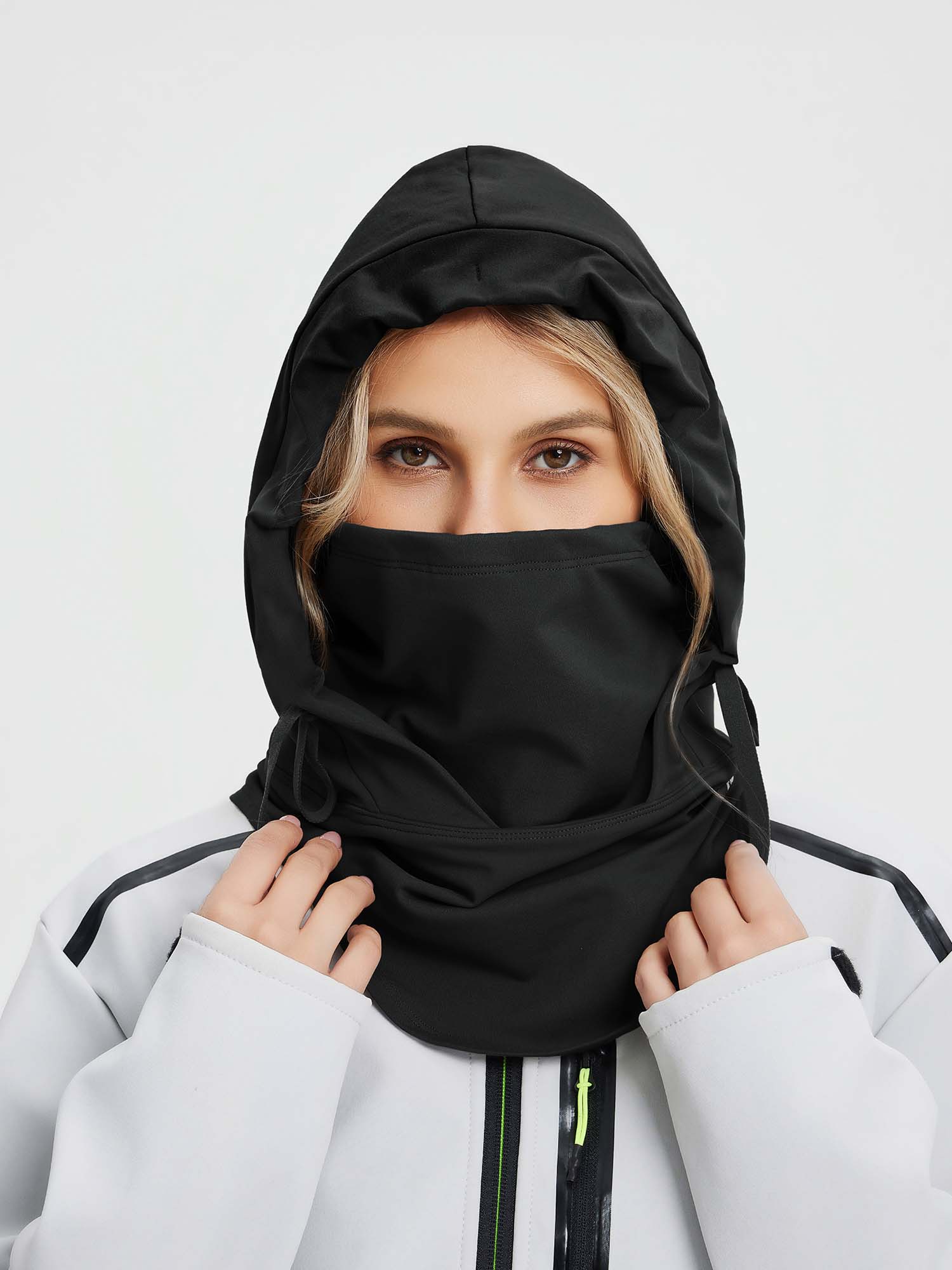 Unisex black waterproof fleece ski hat with integrated face cover and hood #color_Black