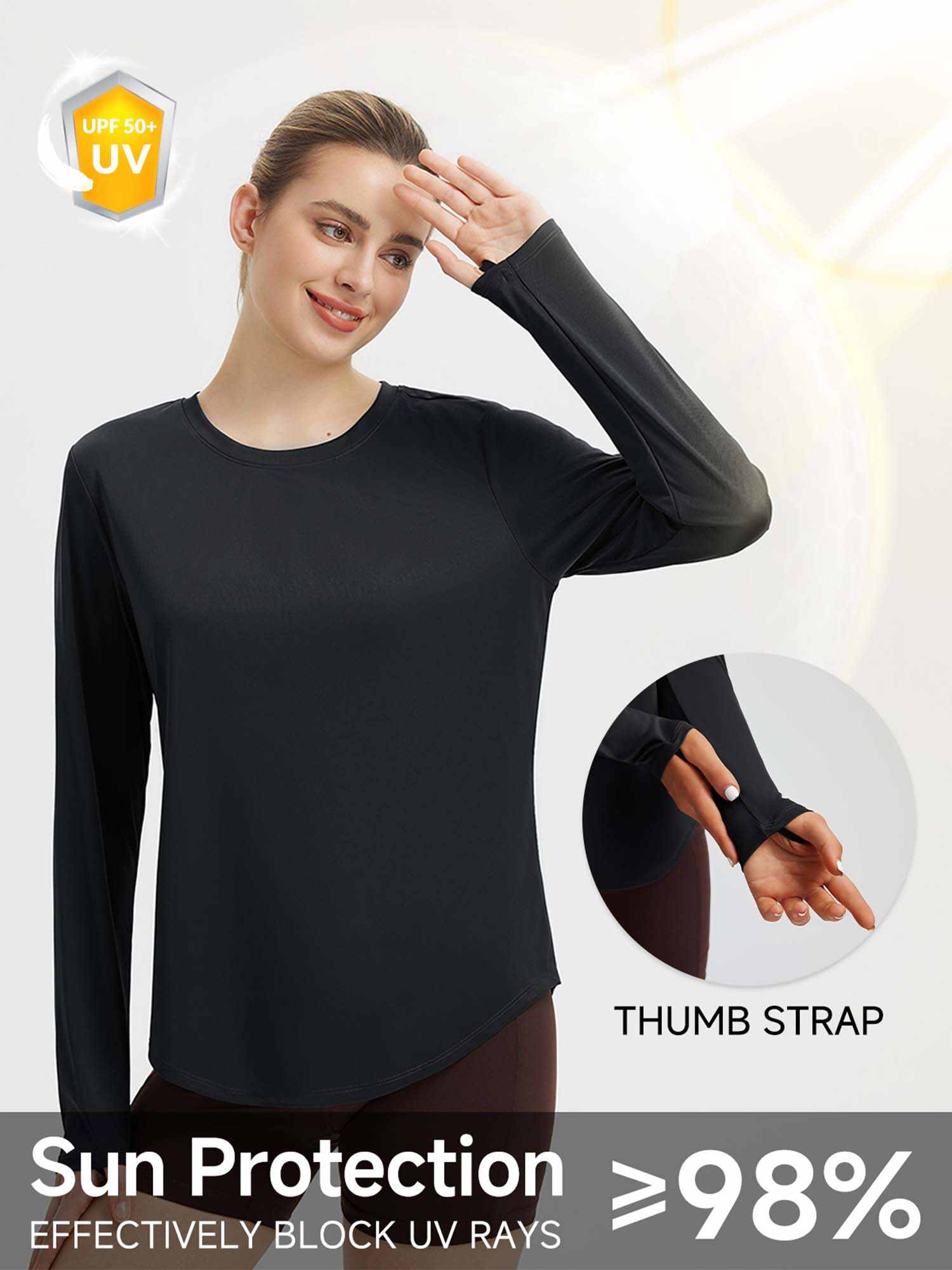 Black women's long sleeve running shirt with UPF 50+ sun protection & thumbholes. #color_Black