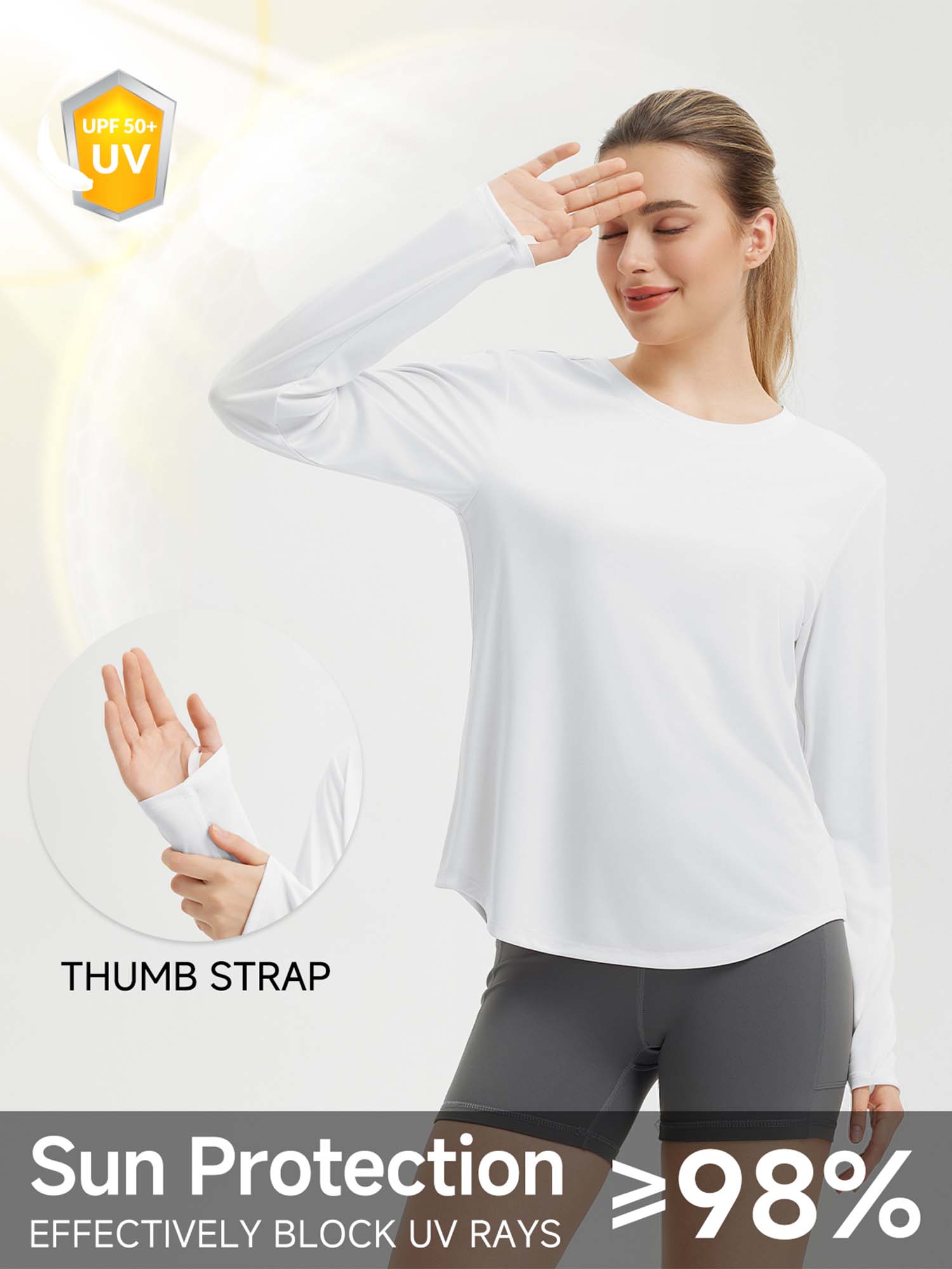 Women's white long sleeve running shirt with thumb strap, UPF 50+ sun protection blocking >98% UV rays. #color_White