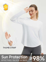 Women's white long sleeve running shirt with thumb strap, UPF 50+ sun protection blocking >98% UV rays. #color_White