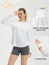White women's long sleeve running shirt with UPF 50+ sun protection, thumbholes, and quick-dry fabric. #color_White