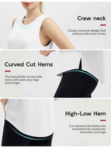 Women's running tank top: crew neck, curved side hems, high-low hem. #color_White