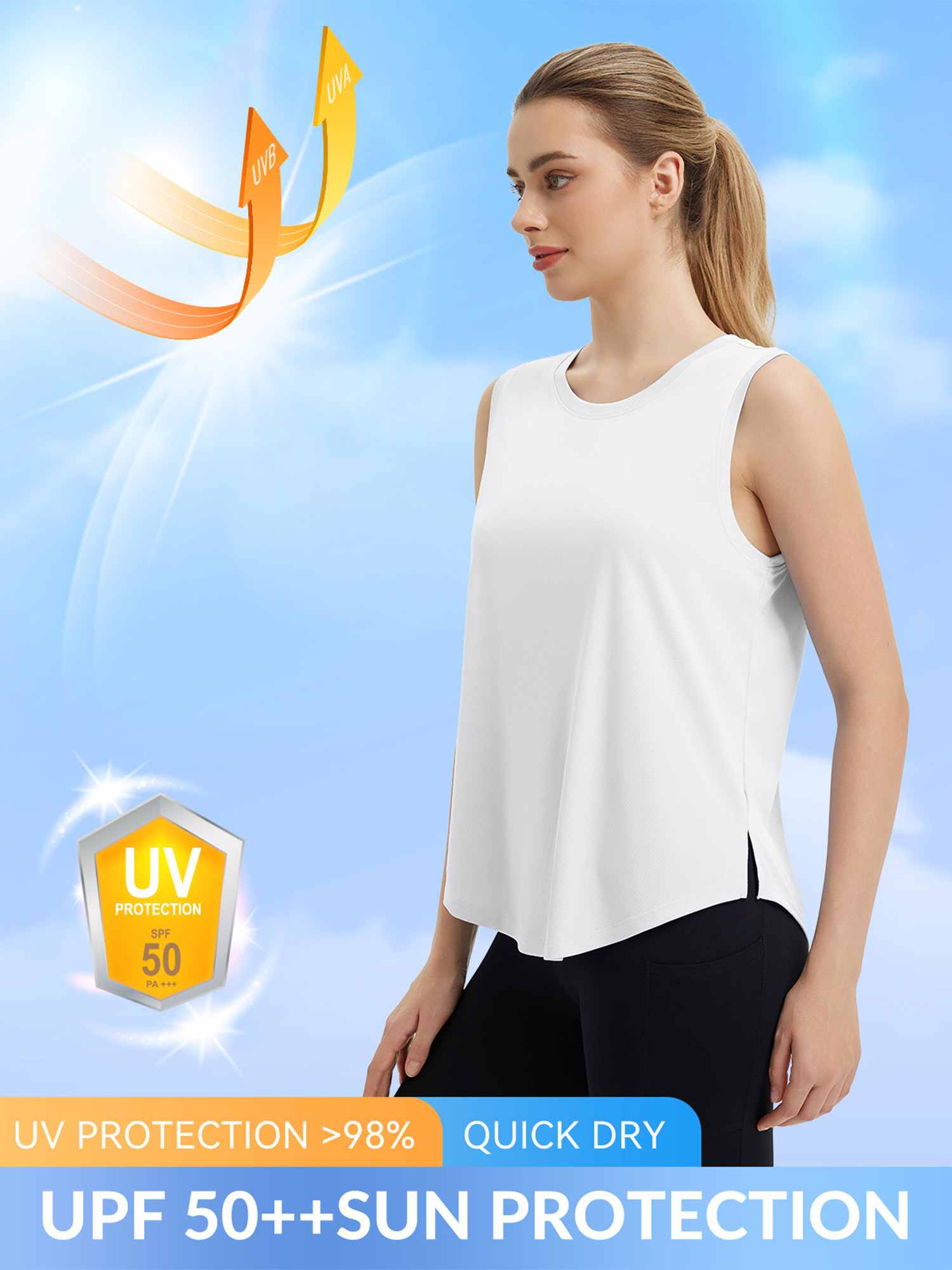 Women's white quick dry racerback running tank with UPF 50+ sun protection. #color_White