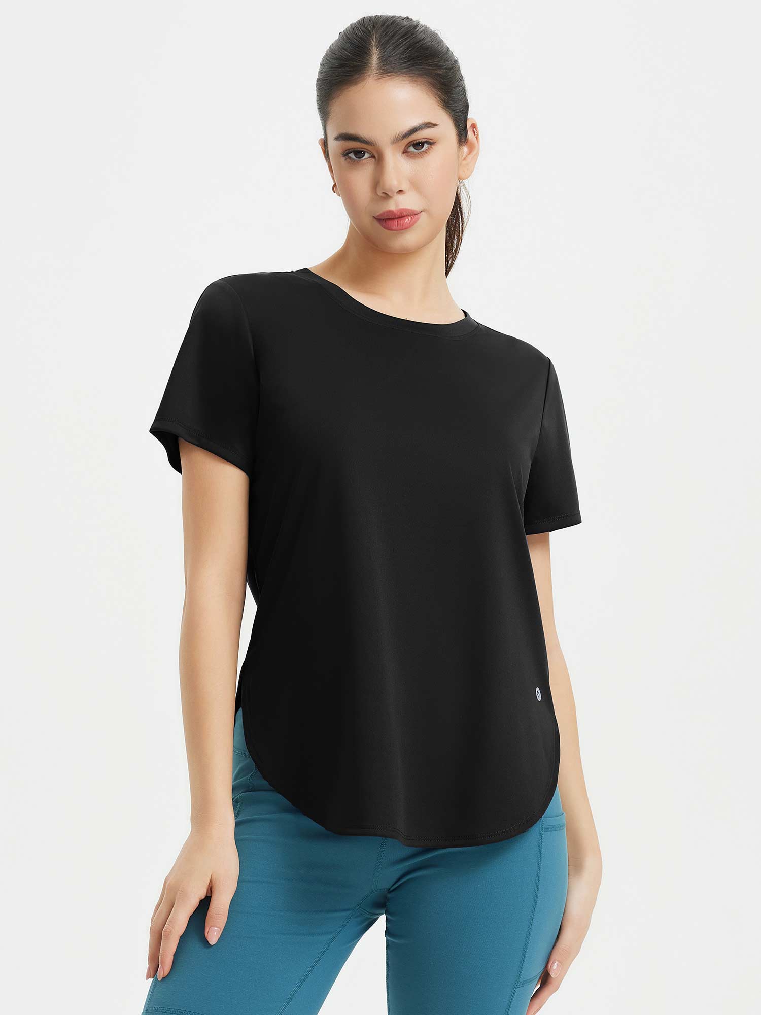 All-Day Active Set: Black UPF 50+ crew neck shirt and blue athletic leggings. #color_Black