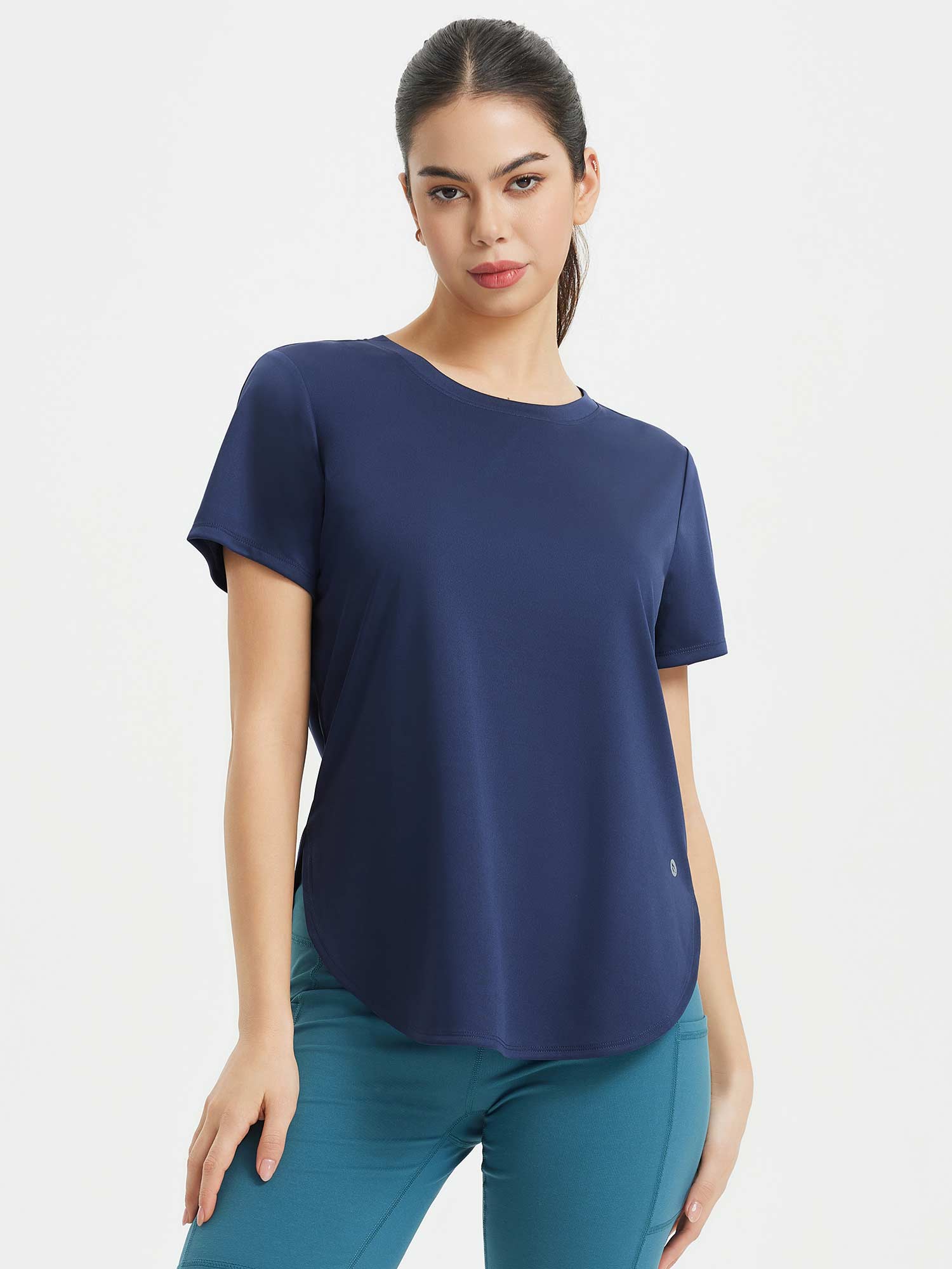 Navy blue UPF 50+ crew neck shirt and teal leggings, part of All-Day Active Set. #color_Navy