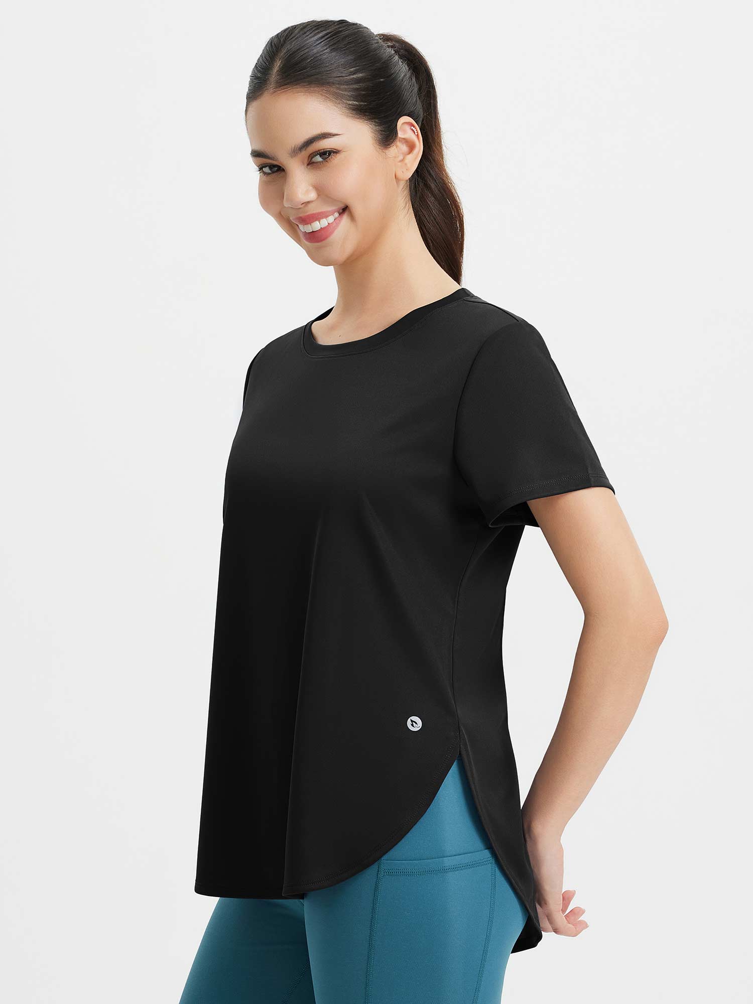 All-Day Active Set: Black UPF 50+ crew neck shirt with side slits. #color_Black