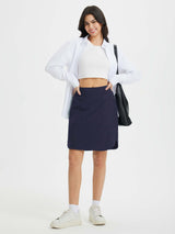 Navy blue women's quick-dry running skort, UPF 50+, with secure zipper pockets and side slits. #color_Navy Blue
