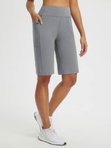 Grey high-rise shorts with zip pocket, from Everyday Outdoor Set for outdoor wear. #color_Gray