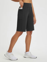 Move-Freely Set: Black high-rise athletic shorts with zippered pocket for phone. #color_Black