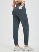Flat Waist Fleece-Lined Running Joggers: dark grey, high waist, secure zipper pockets #color_Charcoal Gray