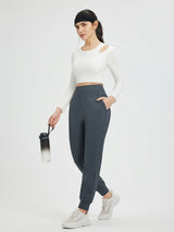 Flat waist fleece-lined running joggers in dark grey with high-waisted fit #color_Charcoal Gray