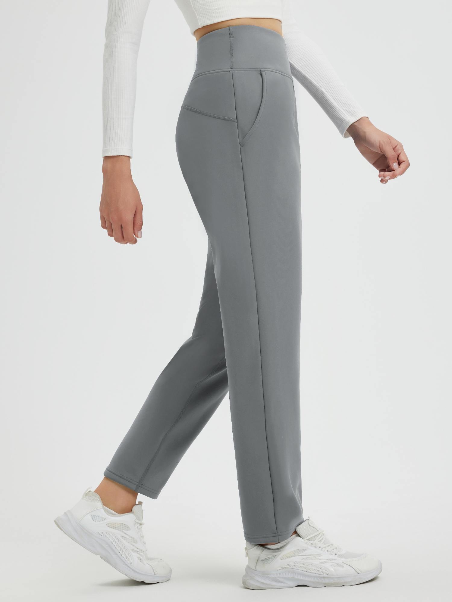 Women's grey heavyweight thermal fleece tapered running pants with side pocket #color_Dark Gray