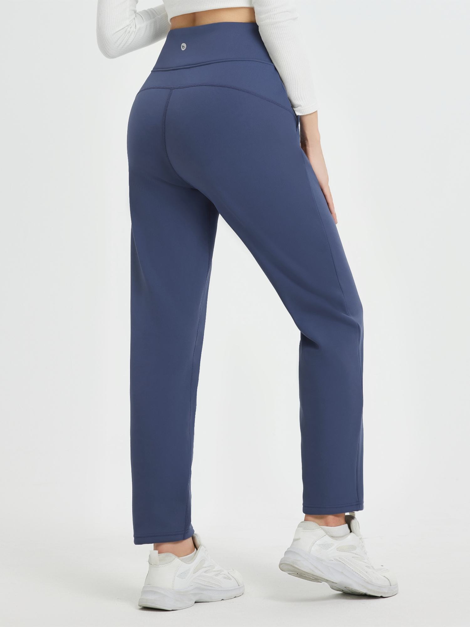 Women's blue heavyweight thermal fleece tapered pants with high-waist fit. #color_Navy Blue
