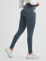 Dark grey fleece leggings, high waist, side phone pocket. Ideal for running. Breathable.