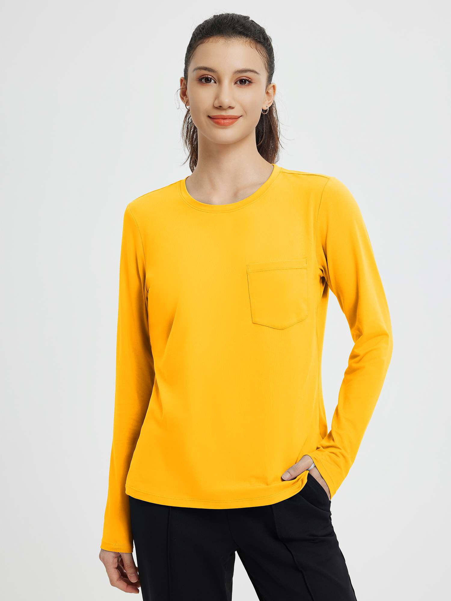 Yellow crewneck long-sleeve running top with chest pocket #color_Yellow
