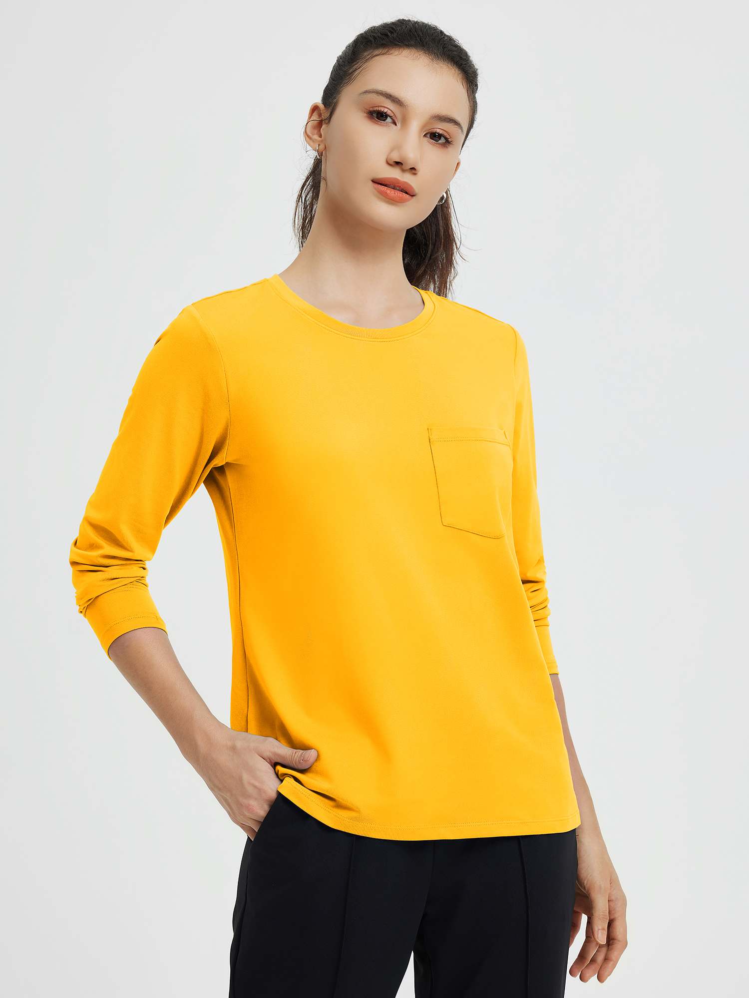 Yellow long-sleeve running top with crewneck and chest pocket #color_Yellow