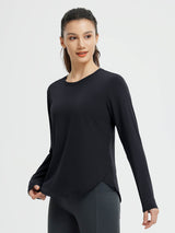 Black Running Cross Hem Long-Sleeve T-Shirt with thumbholes. #color_Black