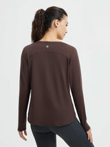 Brown women's long-sleeve running t-shirt back view with curved hem. #color_Dark Brown