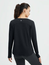Back view of black long-sleeve running t-shirt featuring subtle crossover hem & logo. #color_Black