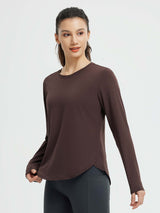 Brown long-sleeve running t-shirt featuring crossover hem and thumbholes. #color_Dark Brown