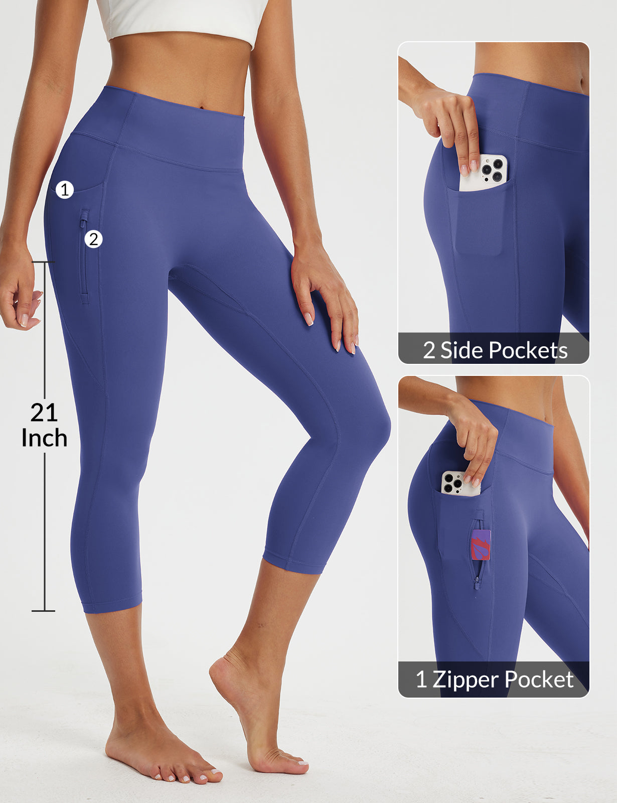 Women's 21-inch high-waisted capris in blue, detailing side and zipper pockets for essentials. #color_Navy Blue