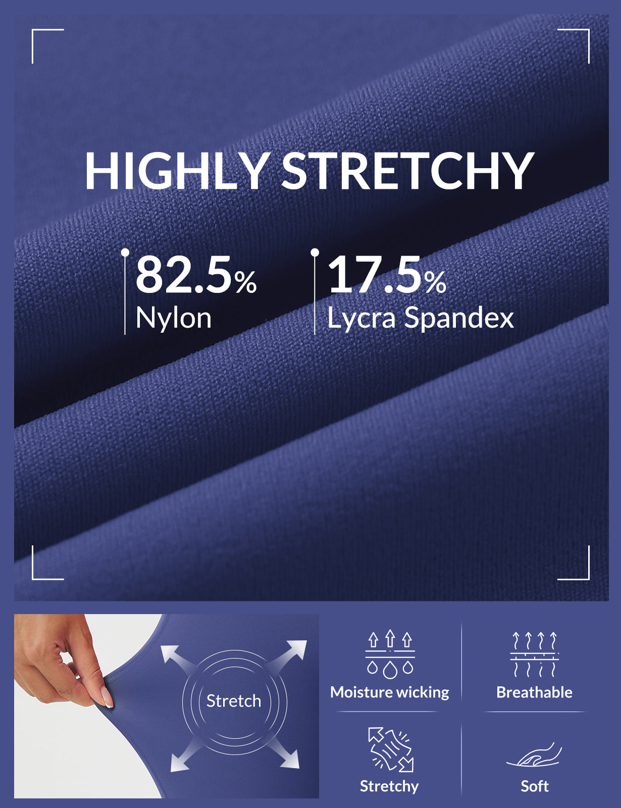 Women's capris fabric details: Highly stretchy 82.5% Nylon, 17.5% Lycra Spandex blend, moisture-wicking, breathable, soft.